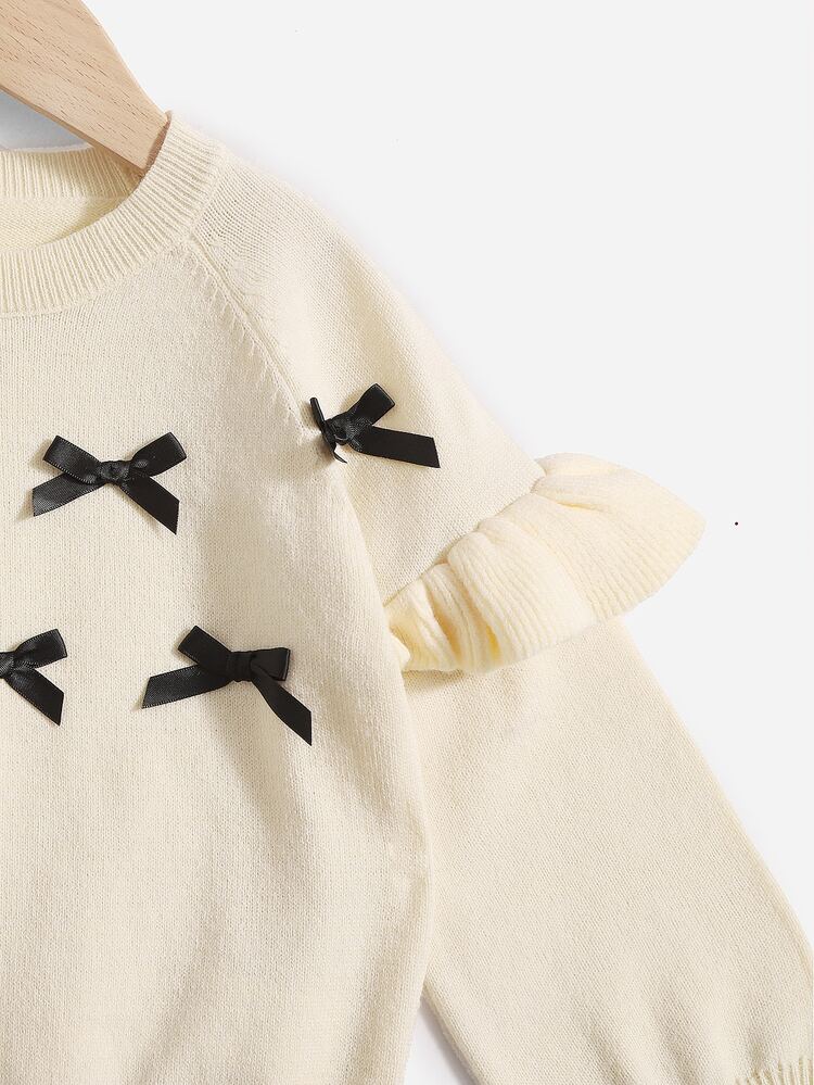 SHEIN 年輕女孩荷葉邊飾帶蝴蝶結前拉幫肩脖套毛衣 - 米色 - 查看 3