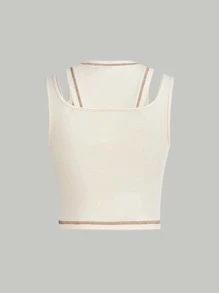 SHEIN MOD 字母圖案短款背心 - 米色 - 查看 8