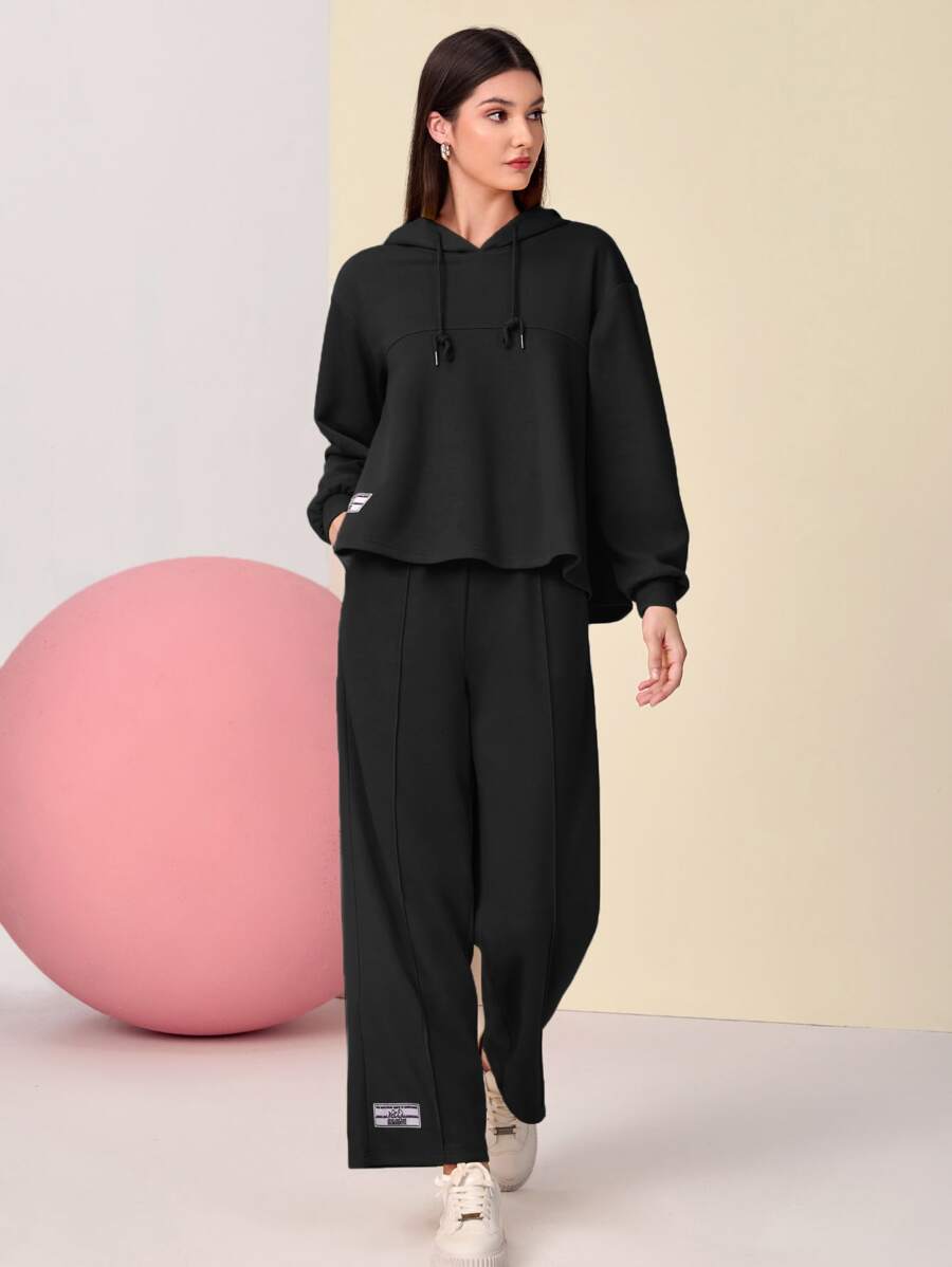 Mulvari Drop Shoulder Drawstring Hoodie & Patched Detail Pants - Black - View 1
