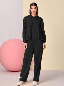 Mulvari Drop Shoulder Drawstring Hoodie & Patched Detail Pants - Black - View 3