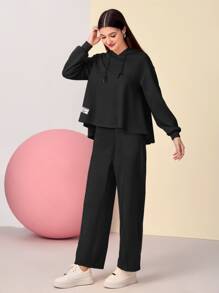 Mulvari Drop Shoulder Drawstring Hoodie & Patched Detail Pants - Black - View 4