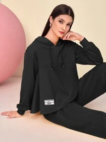 Mulvari Drop Shoulder Drawstring Hoodie & Patched Detail Pants - Black - View 5