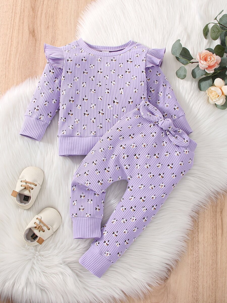 Bộ đồ Em bé Nơ Bướm Xù Hoa Tất cả trên in Dễ thương - Màu tím hoa cà - Xem 1