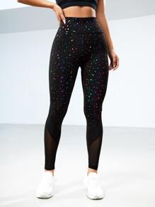 Easithlete Star Print Contrast Mesh Sports Leggings - Black - View 4
