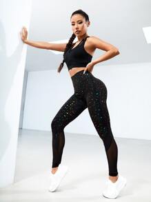 Easithlete Star Print Contrast Mesh Sports Leggings - Black - View 5