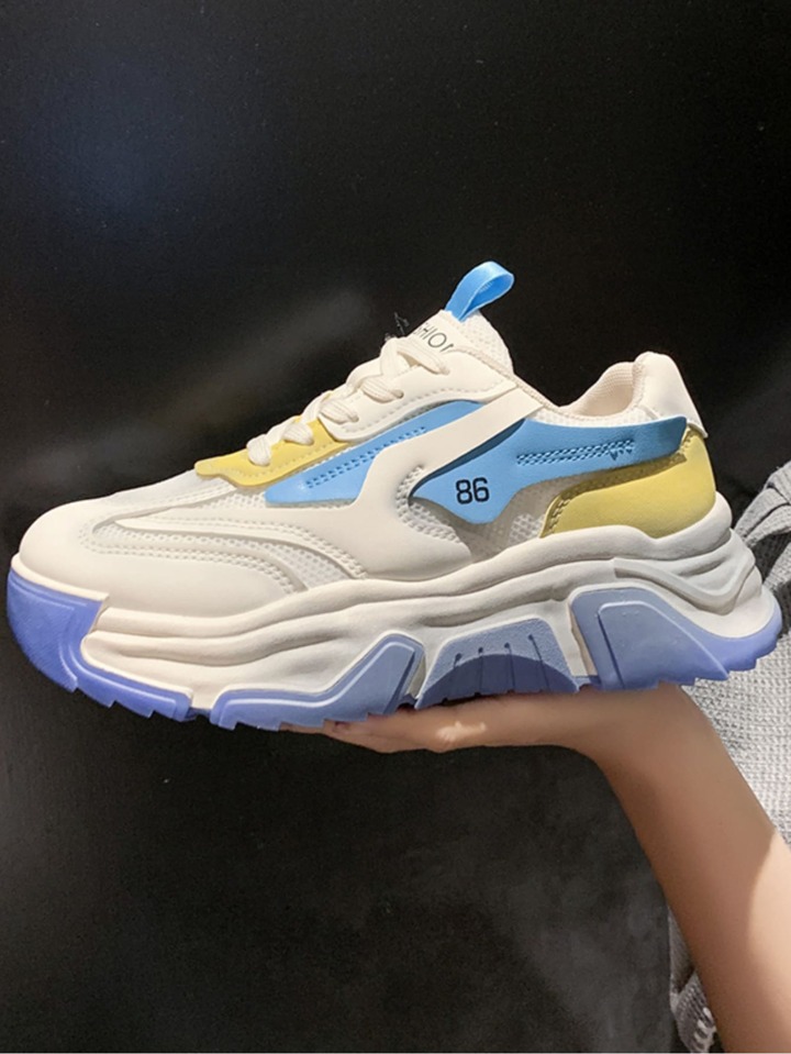 国内で当店のみ Hanqiaoriji - Color Blocking Chunky Shoes Color Block Lace-up Front Chunky Sneakers | SHEIN EUR