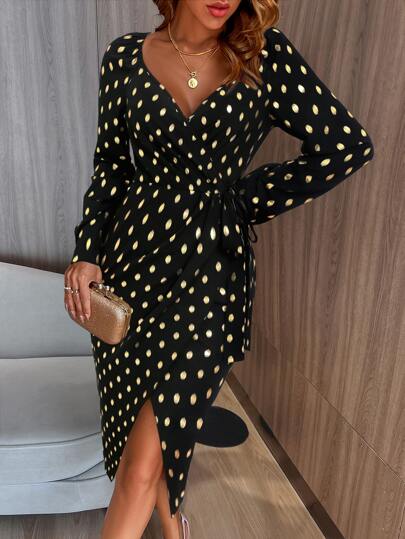 Gold Dot Print Sweetheart Neck Wrap Knot Side Dress