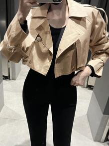 DAZY 女式插肩袖双排扣风衣外套，秋季女装 - 卡其色 - 查看 8