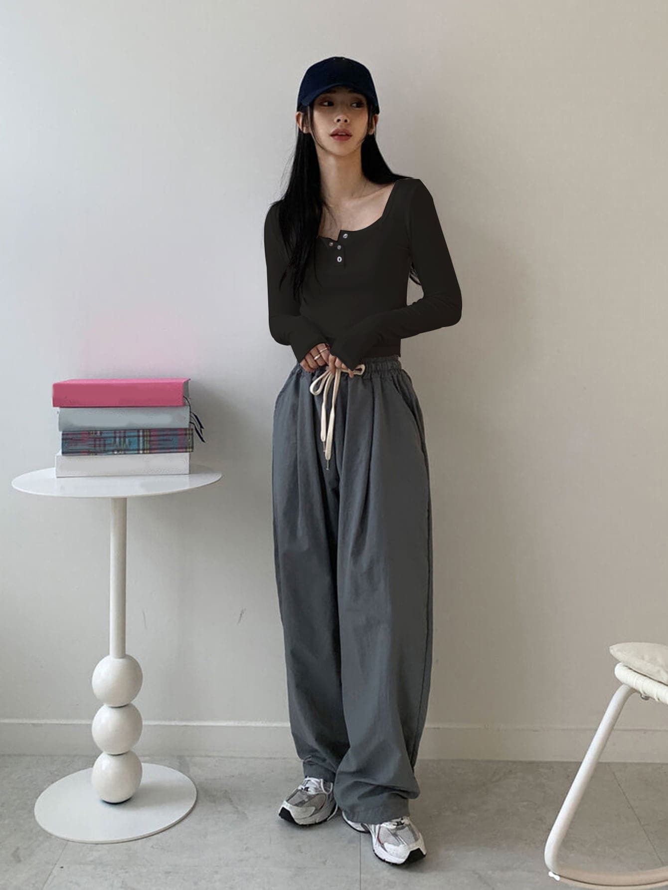 Solid Snap Button Front Tee Long Sleeve Women Tops