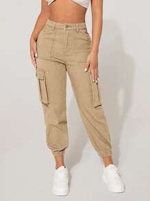 SHEIN PETITE High Waist Flap Pocket Cargo Jeans - Khaki - View 1