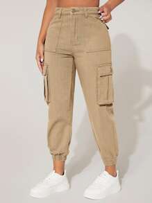 SHEIN PETITE High Waist Flap Pocket Cargo Jeans - Khaki - View 3