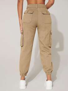 SHEIN PETITE High Waist Flap Pocket Cargo Jeans - Khaki - View 4