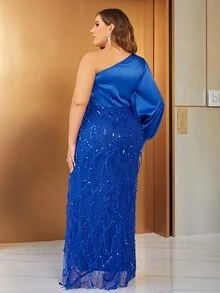 Glamaker Plus One Shoulder Split Thigh Sequin Dress - Royal Blue - View 2
