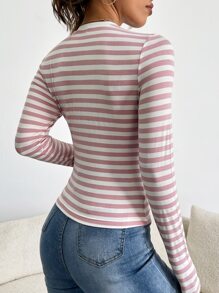 Muchica Striped Print Slim Tee - Pink - View 2