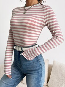 Muchica Striped Print Slim Tee - Pink - View 4