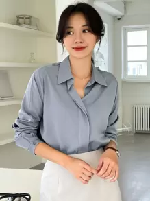 DAZY Áo sơ mi nữ Nút màu trơn Thanh lịch - Màu xanh bụi bặm - Xem 1