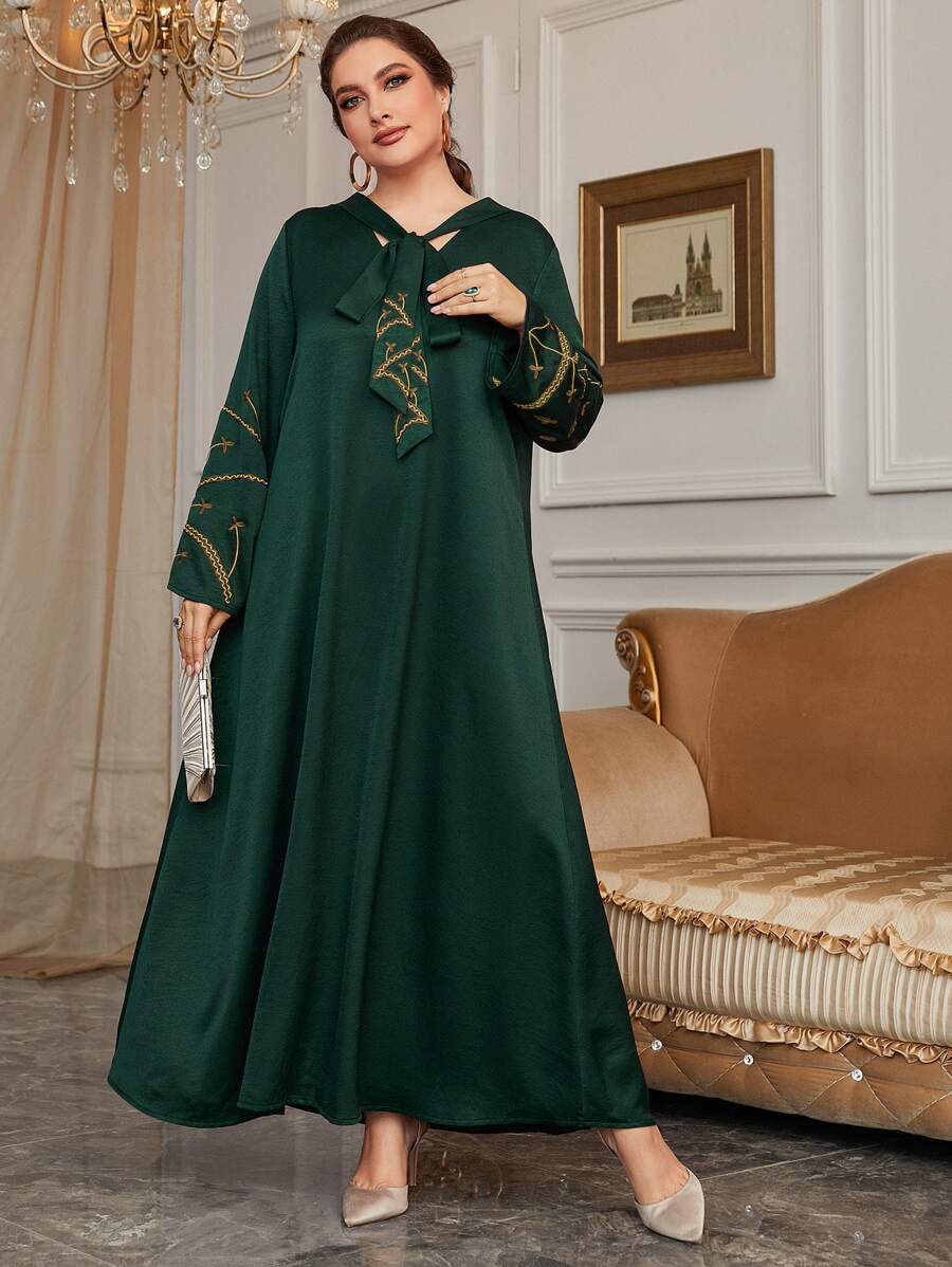 Modelyn Plus Tie Neck Plant Embroidery Dress - Dark Green - View 1