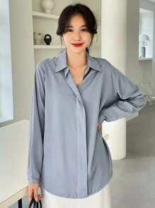 DAZY Áo sơ mi nữ Nút màu trơn Thanh lịch - Màu xanh bụi bặm - Xem 3