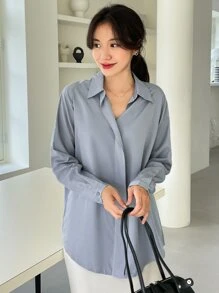 DAZY Áo sơ mi nữ Nút màu trơn Thanh lịch - Màu xanh bụi bặm - Xem 4