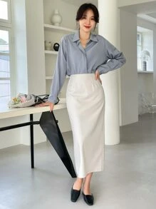 DAZY Áo sơ mi nữ Nút màu trơn Thanh lịch - Màu xanh bụi bặm - Xem 6