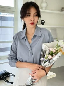 DAZY Áo sơ mi nữ Nút màu trơn Thanh lịch - Màu xanh bụi bặm - Xem 7