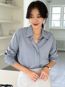 DAZY Áo sơ mi nữ Nút màu trơn Thanh lịch - Màu xanh bụi bặm - Xem 8
