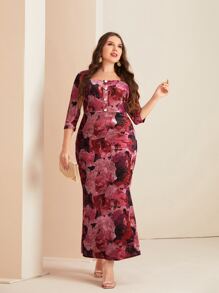 Modelyn Plus Floral Print Square Neck Velvet Dress - Multicolor - View 1