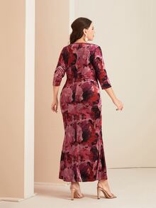 Modelyn Plus Floral Print Square Neck Velvet Dress - Multicolor - View 2