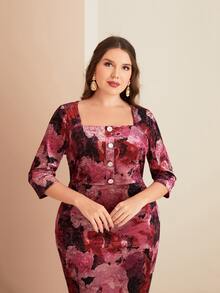 Modelyn Plus Floral Print Square Neck Velvet Dress - Multicolor - View 3