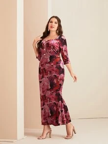 Modelyn Plus Floral Print Square Neck Velvet Dress - Multicolor - View 4