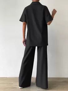 SHEIN LUNE 素色前紐扣襯衫和褲子 - 黑色 - 查看 2