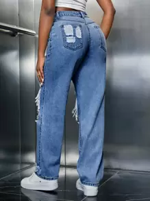 SHEIN SXY 破洞鏤空直筒牛仔褲 - 中等水洗藍 - 查看 2