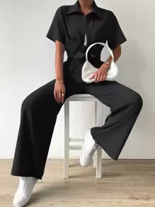 SHEIN LUNE 素色前紐扣襯衫和褲子 - 黑色 - 查看 5