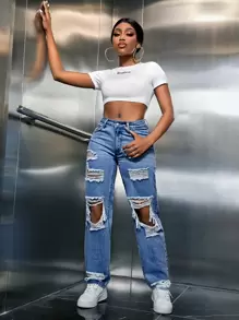 SHEIN SXY 破洞鏤空直筒牛仔褲 - 中等水洗藍 - 查看 4