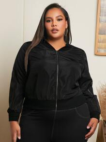 SHEIN CURVE+ Plus Zip Up Bomber Jacket - Black - View 2