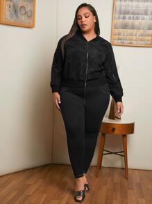 SHEIN CURVE+ Plus Zip Up Bomber Jacket - Black - View 4