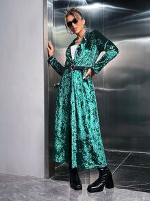 Shawl Collar Open Front Velvet Coat Without Belt - Green - View 5