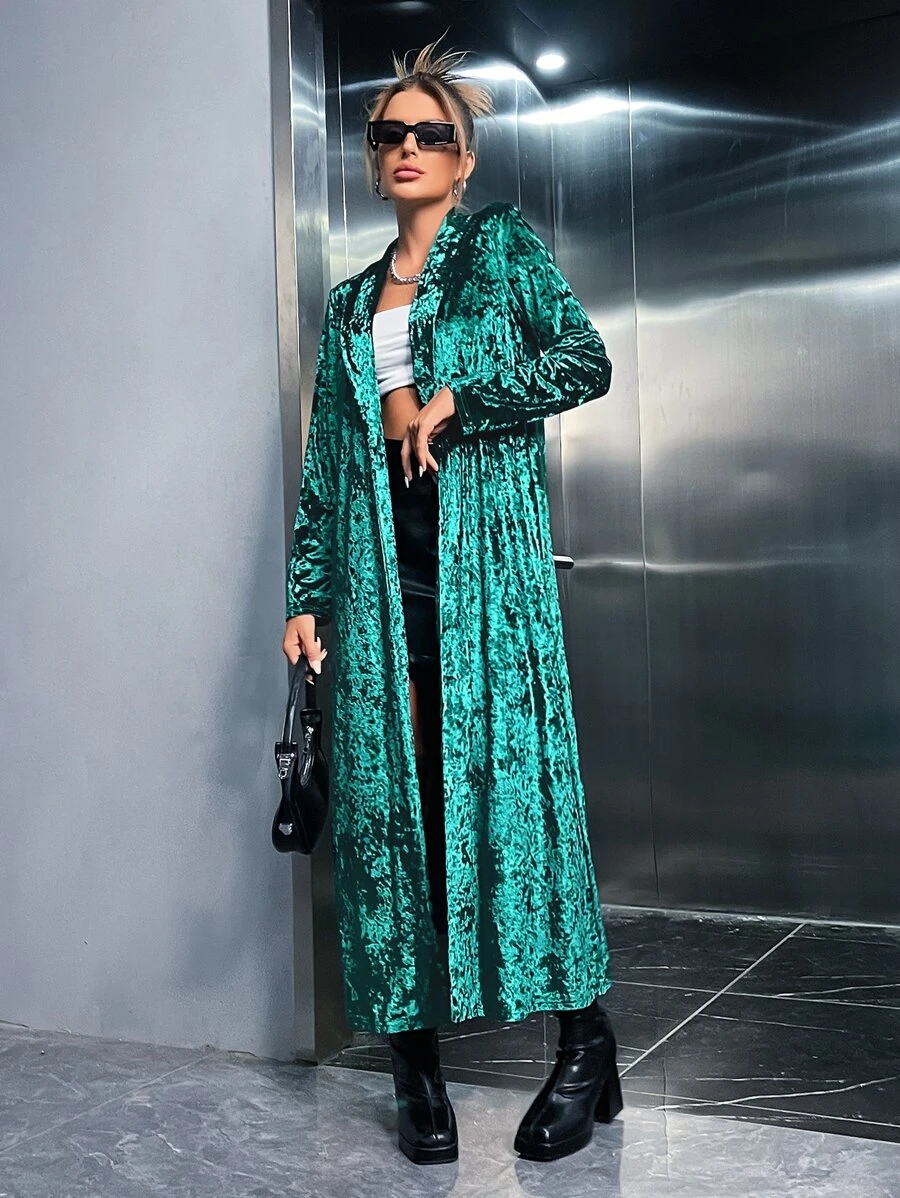 Shawl Collar Open Front Velvet Coat Without Belt - Green - View 1