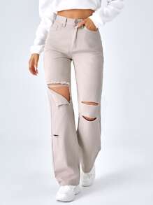 SHEIN EZwear Quần jean nữ Nút Túi Bị tách Dây kéo màu trơn - Màu be - Xem 1