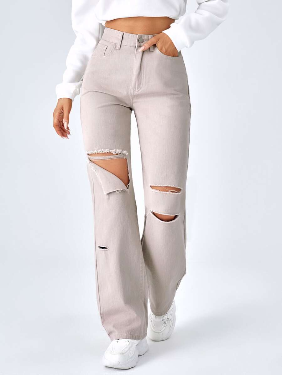 SHEIN EZwear Quần jean nữ Nút Túi Bị tách Dây kéo màu trơn - Màu be - Xem 1