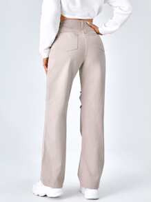 SHEIN EZwear Quần jean nữ Nút Túi Bị tách Dây kéo màu trơn - Màu be - Xem 3