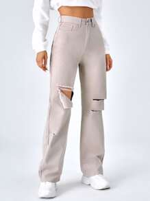 SHEIN EZwear Quần jean nữ Nút Túi Bị tách Dây kéo màu trơn - Màu be - Xem 4