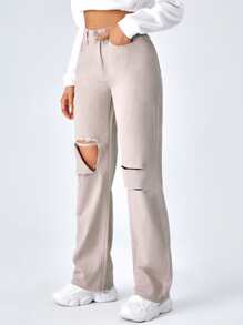 SHEIN EZwear Quần jean nữ Nút Túi Bị tách Dây kéo màu trơn - Màu be - Xem 5