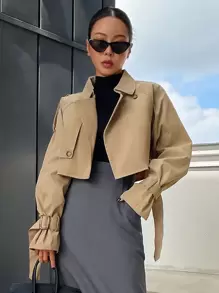 DAZY Buckle Raglan Sleeve Epaulettes Design Crop Trench Coat,Fall Clothes Women Jacket - Khaki - View 1