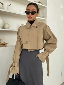DAZY Buckle Raglan Sleeve Epaulettes Design Crop Trench Coat,Fall Clothes Women Jacket - Khaki - View 4