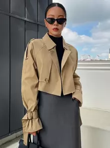 DAZY Buckle Raglan Sleeve Epaulettes Design Crop Trench Coat,Fall Clothes Women Jacket - Khaki - View 5