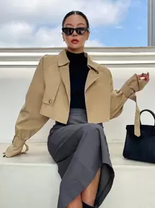 DAZY Buckle Raglan Sleeve Epaulettes Design Crop Trench Coat,Fall Clothes Women Jacket - Khaki - View 6