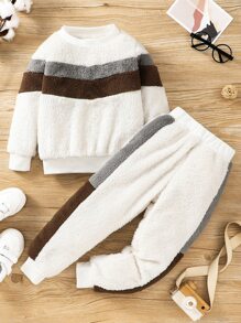 Toddler Boys Colour Block Teddy Pullover & Trousers - Beige - View 1