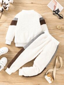 Toddler Boys Colour Block Teddy Pullover & Trousers - Beige - View 2
