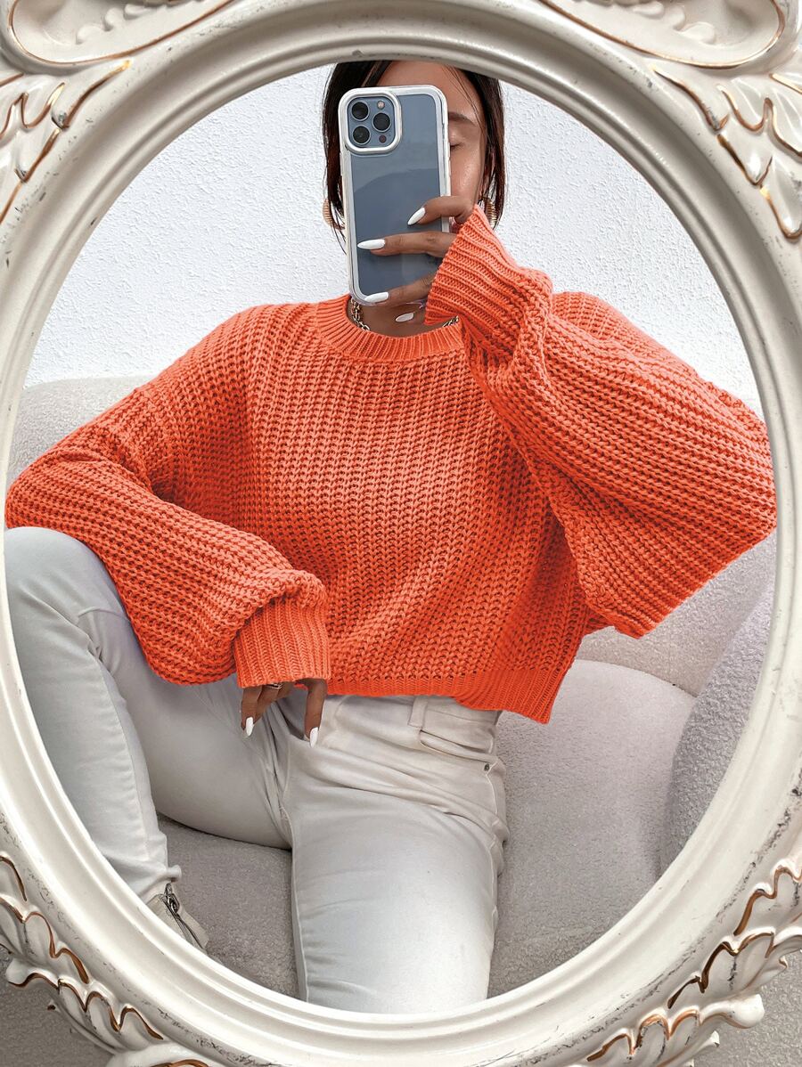 SHEIN Essnce Solid Ribbed Knit Drop Shoulder Sweater - Orange - View 1